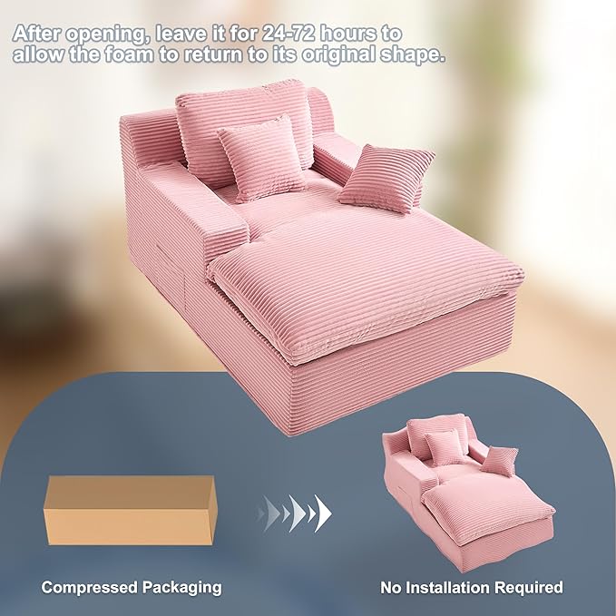 63" Oversized Boneless Chaise Lounge Chair, Extra Cloud Layer, Convertible Sleeper Sofa Couch with Removable Pillows & Side Pockets, Corduroy Upholstered Sofa Bed with Armrests for Living Room, Pink