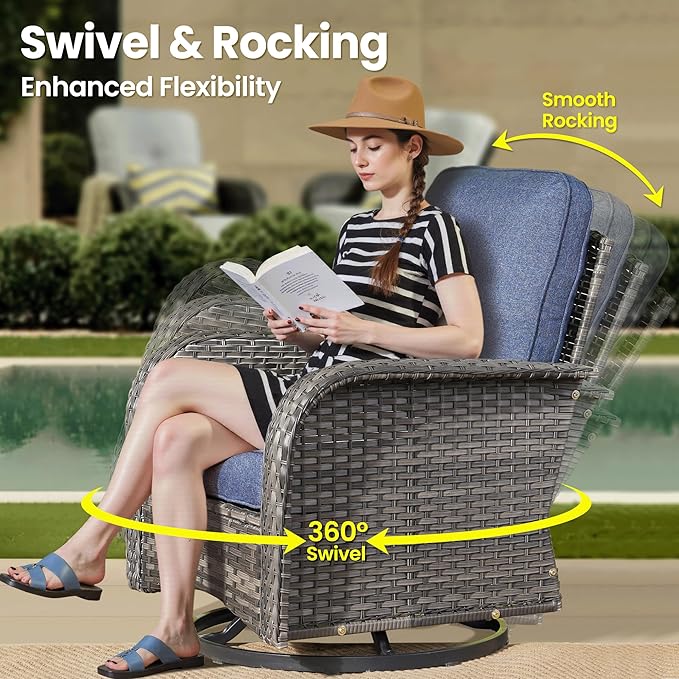 ovios 5 Pieces Patio Furniture Set, Outdoor Wicker Sofa with Swivel Chairs, Coffee Table, All Weather High Back Rattan Loveseat Couch with Comfy Cushions, Denim Blue