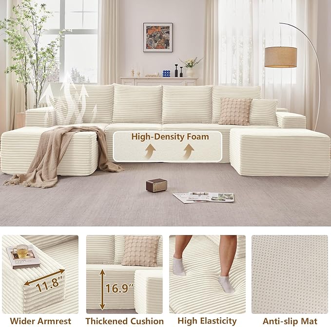 Lakifun 135" L-Shape Sofa with Ottoman, Modern Modular Sectional Comfy U-Shape Cloud Couch, Deep Seat, Upholstered Corduroy Sleeper Chaise Longue for Living Room Bedroom, No Assembly Required, White