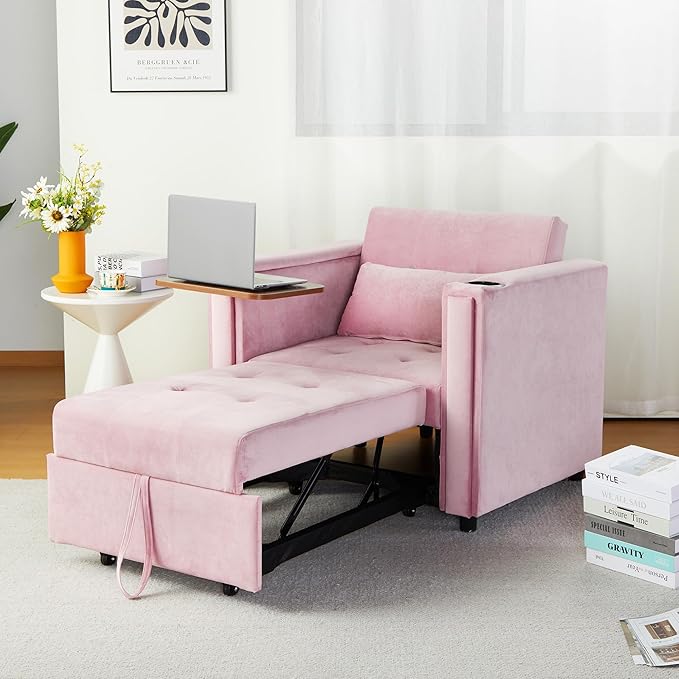 ORRD Convertible Chair Bed, 3-in-1 Multi-Functional Velvet Sleeper Sofa Pull-Out Couch Chair Bed with Adjustable Backrest and Hidden Side Table for Living Room, Small Space, Apartment (Pink)