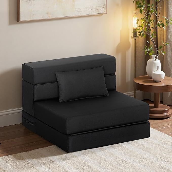 HOMCOM Folding Sofa Bed, Sleeper Chair with Pillow, Modern Linen Convertible Chair Bed, Fold Out Floor Futon Couch for Living Room, Dorm, Guest Use, Home Office, Black