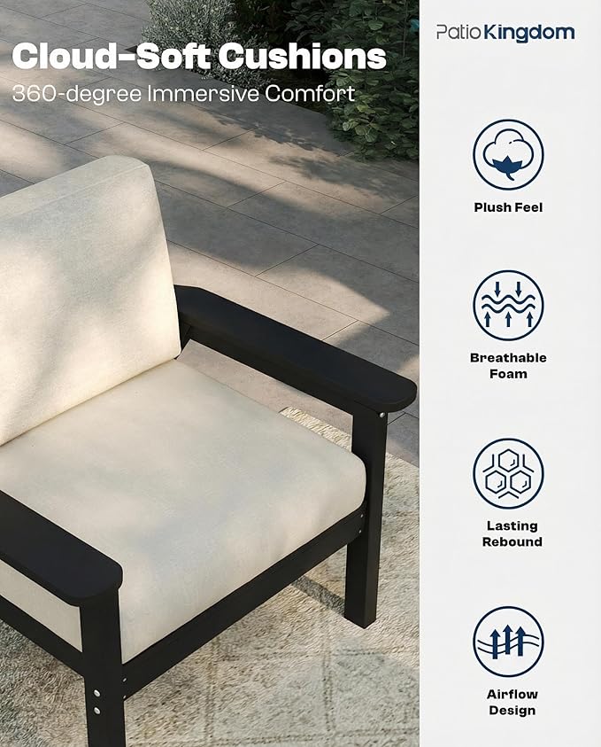 Patio Kingdom Patio Furniture Set 3 Seats, HDPE Outdoor Sectional with Washable Beige Thick Cushions, Coffee Table & Side Table, Patio Conversation Sets for Lawn, Garden, Porch, Balcony (Black Frame)