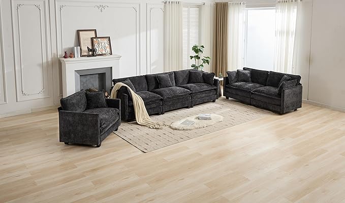 SoarFlash 113.78" Chenille Sectional Sofa, Comfy Modular Loveseat Sofa, Modern 3-Seat Couch Deep Seat Sofa Set for Living Room,Black