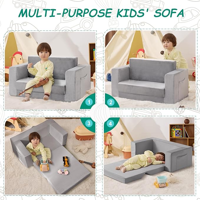 Kids Couch, 2-in-1 Toddler Chair Comfy 1-3 Years, Convertible Kids Chair, Toddler Couch That Fold Out, Kid Lounge Chairs for Boys and Girls, Soft Coral Fleece, Double, Grey
