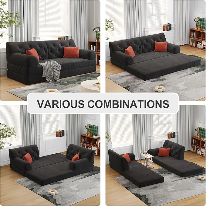 Carzzi-Life 79" Convertible Sofa Bed with Pillows, Corduroy Folding Sleeper Sofa with Fixed-Shape Frame, Boneless Couch for Living Room Bedroom, Floor Sofa Lounge No Assembly Required (Grey)