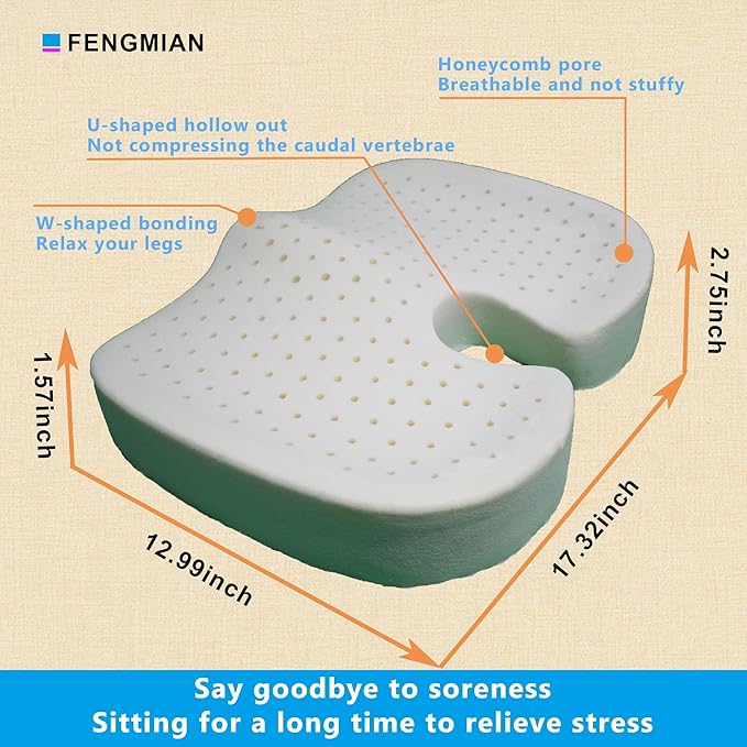 Natural Latex Seat Cushion - Soft, Bouncy and Relieves Pressure - Suitable for Office Chair, Home Chair, Car, Gaming, Wheelchair, Meditation, and Yoga (Gray)