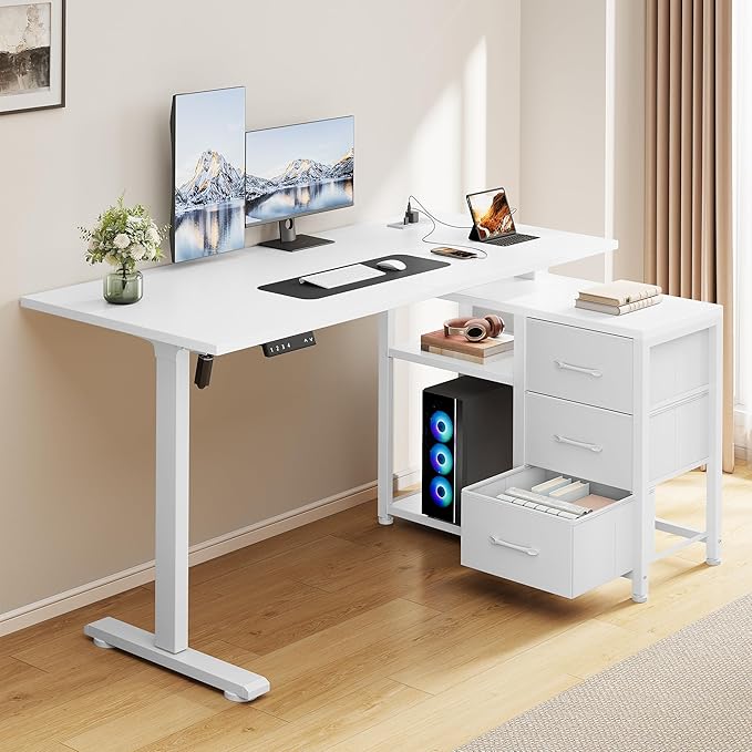 47 Inch L Shaped Standing Desk with 3 Drawers Electric Standing Desk with Storage Computer Game Desk Adjustable Height Desk with Power Outlets 4 Memory Presets for Home Office, White