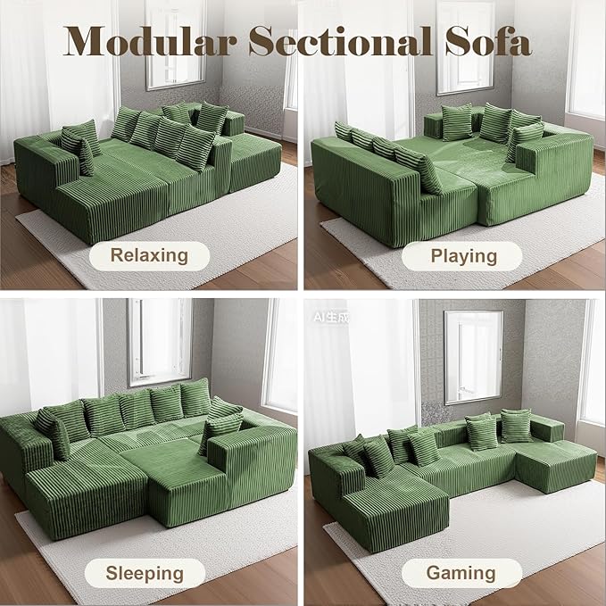 130'' U Shaped Couched for Living Room, Cloud Modular Sectional Couch with 2 Chaise Lounge, Modern Minimalist Upholstered Sofa Sleeper Deep Seat Corner Couch, No Assembly Required Green