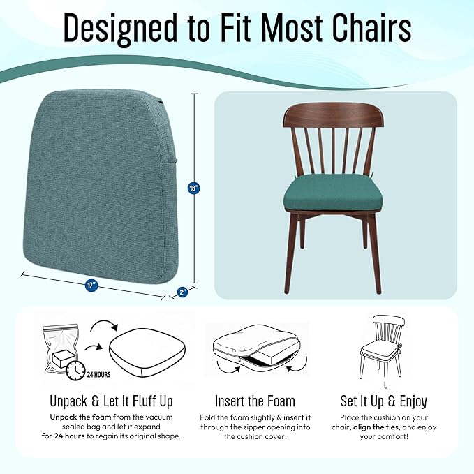 D-Shaped Indoor Chair Cushions 17" x 16" for Kitchen & Dining Chairs – 2'' Thick Seat Pads with Ties & Non-Slip Backing, High-Density Foam, Machine-Washable Covers, Set of 2 with Chair Leg Pads, Teal