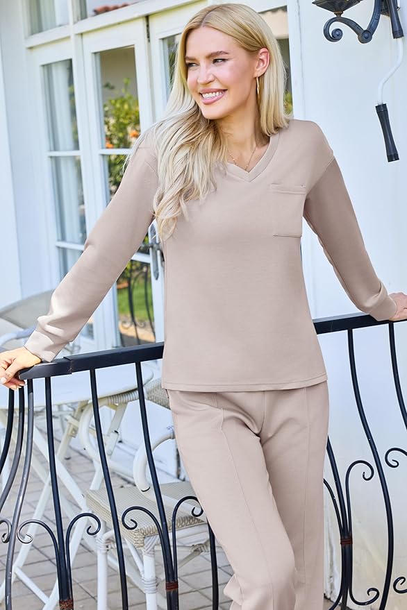 difficort Women's 2 Piece Lounge Sets Casual Travel Airport Outfits Side Slit V-Neck Tops & Wide Leg Pants Matching Set