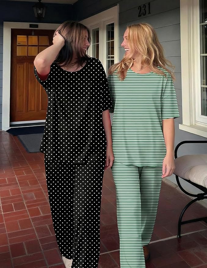 Ekouaer 2 Pack Womens Pajama Sets Short Sleeve Tops and Long Pants Casual Comfy Pjs Lounge Set with Pockets,S-XXL