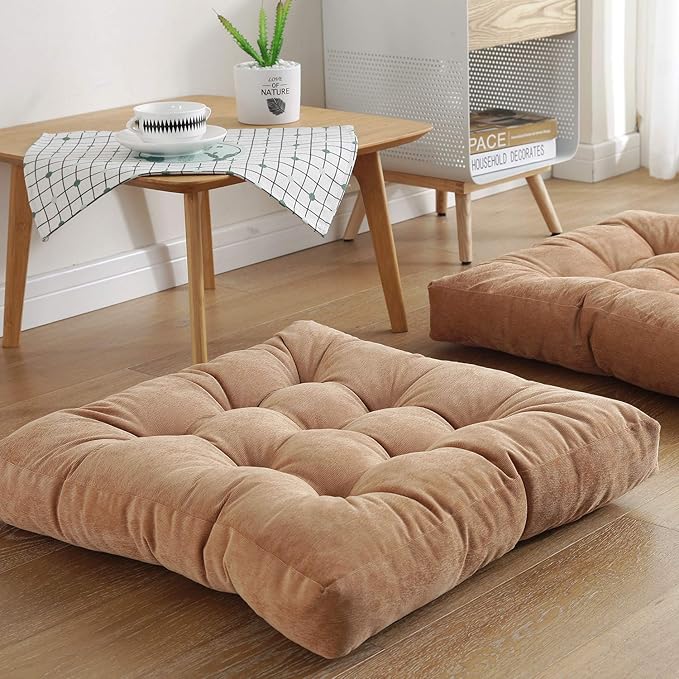Sexysamba Square Floor Seat Pillows Cushions 22" x 22", Soft Thicken Yoga Meditation Cushion Pouf Tufted Corduroy Tatami Floor Pillow Reading Cushion Chair Pad Casual Seating for Adults & Kids, Khaki