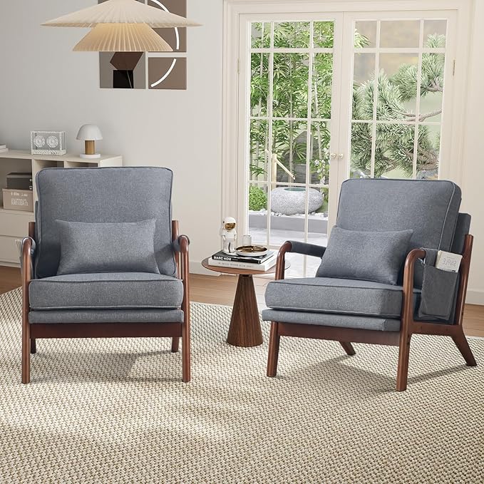 CANMOV Accent Chairs Set of 2, Mid Century Modern Chair with Extra Side Storage Pocket Upholstered Reading Armchair with Waist Cushion, Accent Chair for Living Room Bedroom, Easy Assembly, Grey