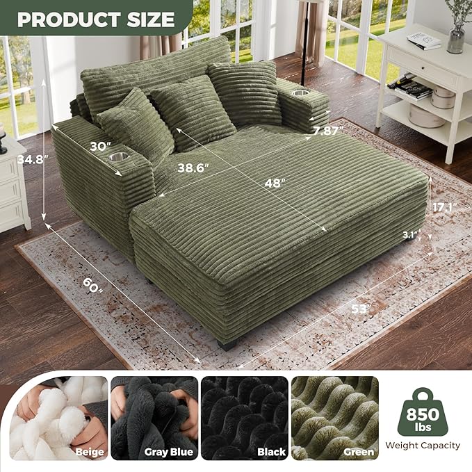HUSFU Chaise Lounge Chair Indoor, 60'' Oversized Sleeper Sofa, Chaise Lounge Reading Chairs for w/Cup Holder and USB&Type C Port, Fluffy Plush Faux Fur Cloud Sofas Couches for Living Room, Green
