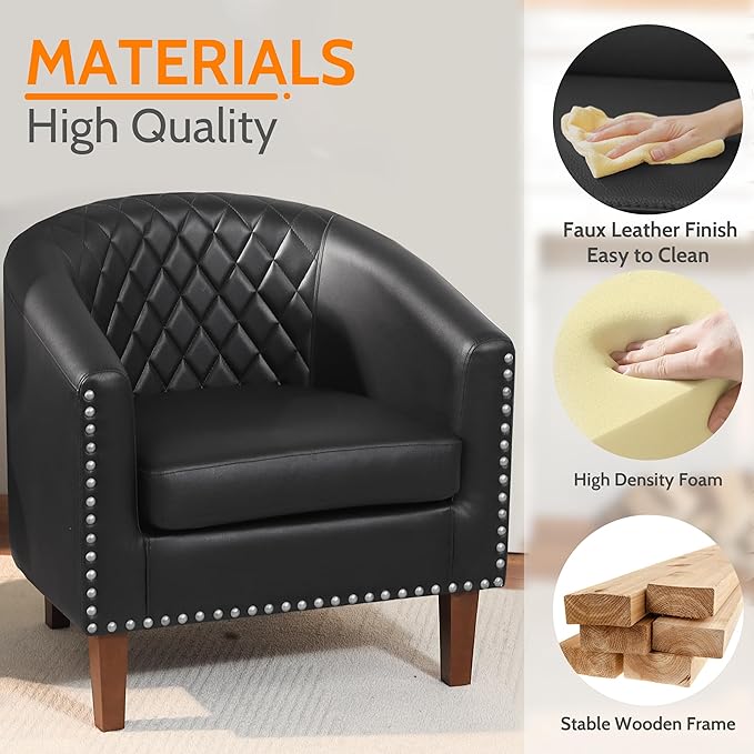 PrimeZone Barrel Chair Set of 2, Comfy Accent Chair, Faux Leather Living Room Chairs Club Chair with Cushion, Nailhead Trim and Diamond Grid Backrest, Reading Chair for Bedroom Waiting Room, Black
