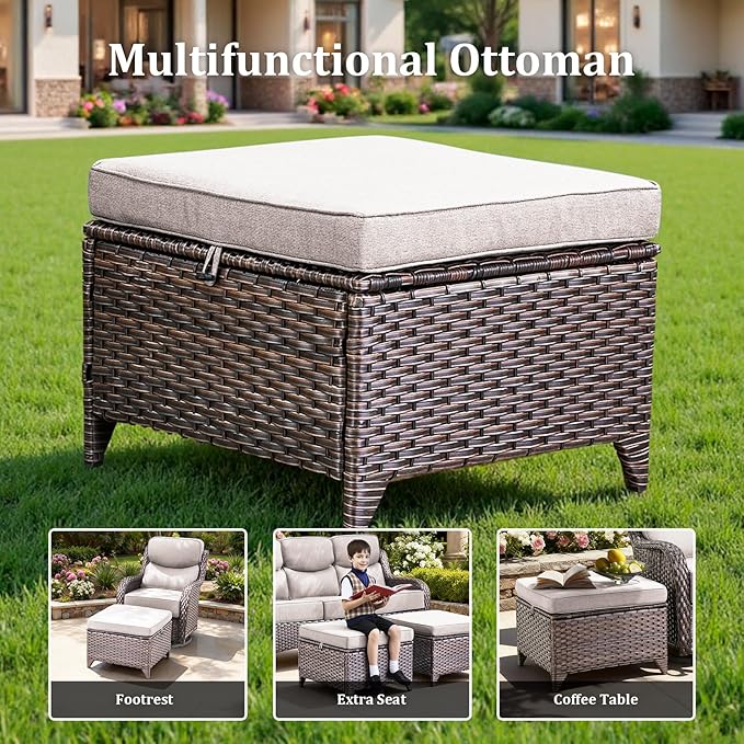 Pugire Luxury High Back Patio Furniture Set with 6-Inch Thick Cushions, 8-Pieces Outdoor Furniture with Swivel Chairs, Wicker Conversation Set for Porch, Balcony, Deck and Yard, Brown/Beige