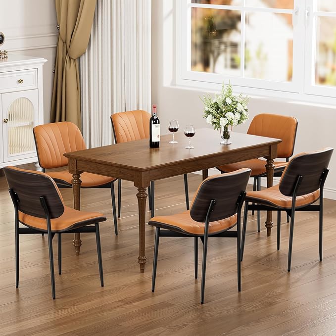 YaFiti Dining Chairs Set of 8, Mid Century Modern Dining Room and Kitchen Chairs, Upholstered PU Leather Chairs with Walnut Bentwood and Metal Legs, Orange