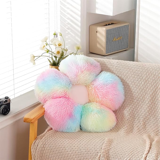 Faux Fur Pillow,Flower Shaped Throw Pillow Butt Cushion Flower Floor Pillow,Seating Cushion,Cute Room Decor & Plush Pillow for Bedroom Sofa Chair (19.7 Inches, Rainbow Pink)