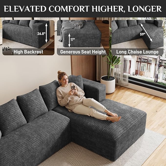 Modular Sectional Sofa, 107" L Shaped Cloud Couch Plush Corduroy Deep Seat Boneless Sofas with 5 Pillows Long Chaise Lounge Couches Memory Foam for Living Room - Dark Grey, Right Facing Chaise