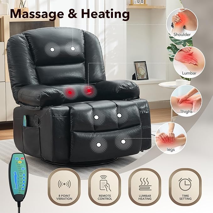 Rocker Recliner Chairs for Adults w/Vibration Massage and Heating,360° Swivel Rocker Glider Recliner,Extra Wide Manual Lazy Chair,PU Leather Overstuffed Soft Sofa Chair for Living Room,Bedroom,Black