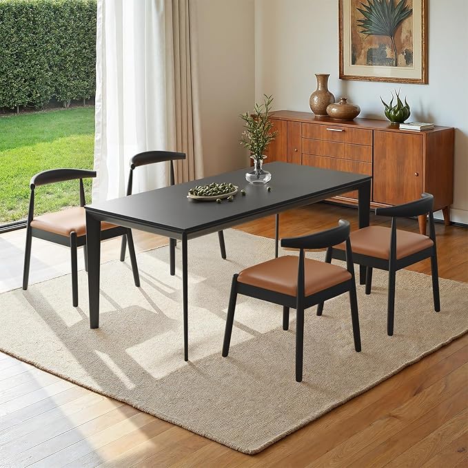 Farini Mid Century Modern Dining Chairs Set of 2, Solid Wood Frame Kitchen Chairs with PU Leather Upholstered Seat for Dining Room & Breakfast Nook,Black-Whiskey Brown