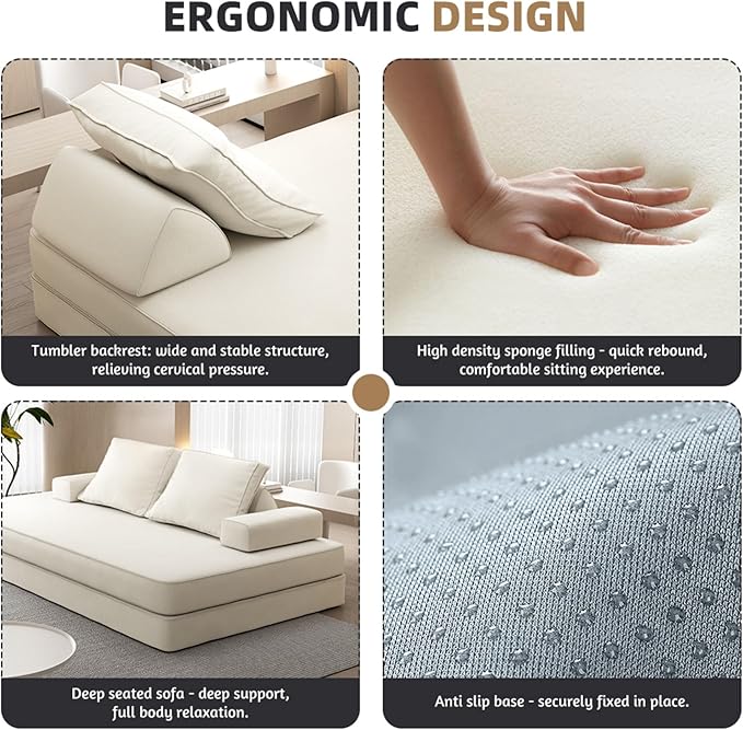 87" Foldable Floor Couch, 3-Seat Convertible Sleeper Sofa with Removable Backrests and 2 Soft Pillows, Chenille Fabric, for Living Room, Bedroom, Apartment, No Assembly Required, Beige