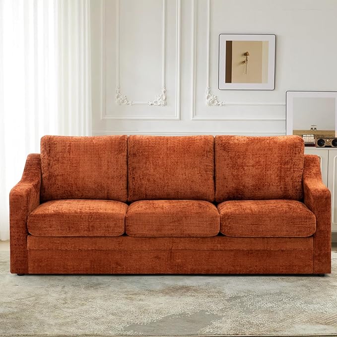 ACMEASE 83 Inches Chenille 3-Seat Sofa w/Comfortable Back Cushions, Modern Sofa w/Deep Seat Space, Upholstered 3 Seater Couch w/High Resiliency Foam for Living Room, Orange