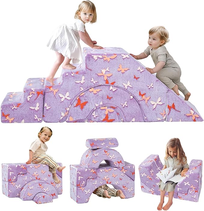 MeMoreCool Foam Climbing Toddler Couch, Modular Kids Sofa with Slide & Stair, Convertible Baby Couch for Playroom, Sectional Furniture for Crawling, Climbing, and Kids’ Play