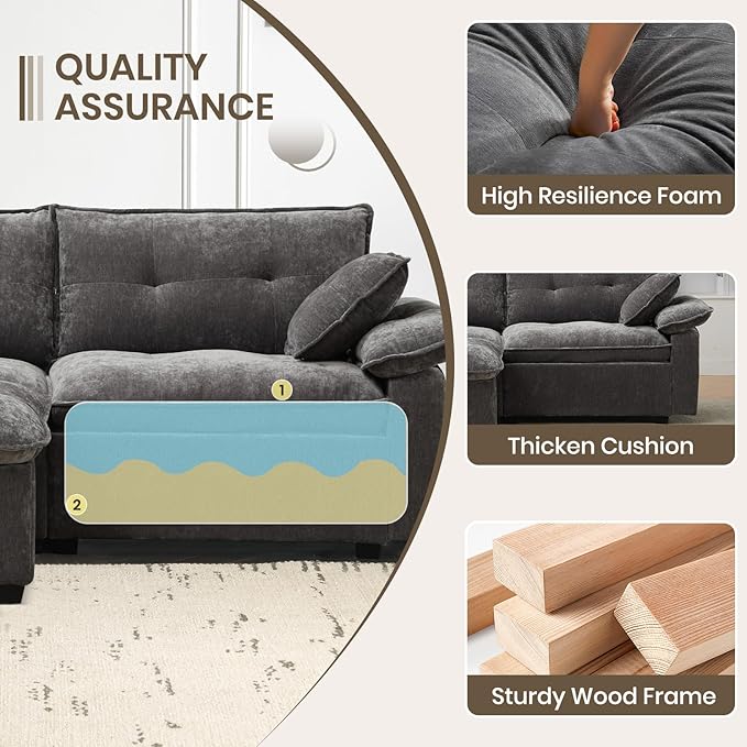 PALLOME 82" Deep Seat Comfy Cloud Couch, Modular Sectional Sofa with Movable Ottoman, L Shaped Chenille Sofa for Small Space, Modern Apartment Living Room & Office (Light Grey, 2-Seat + Ottoman)