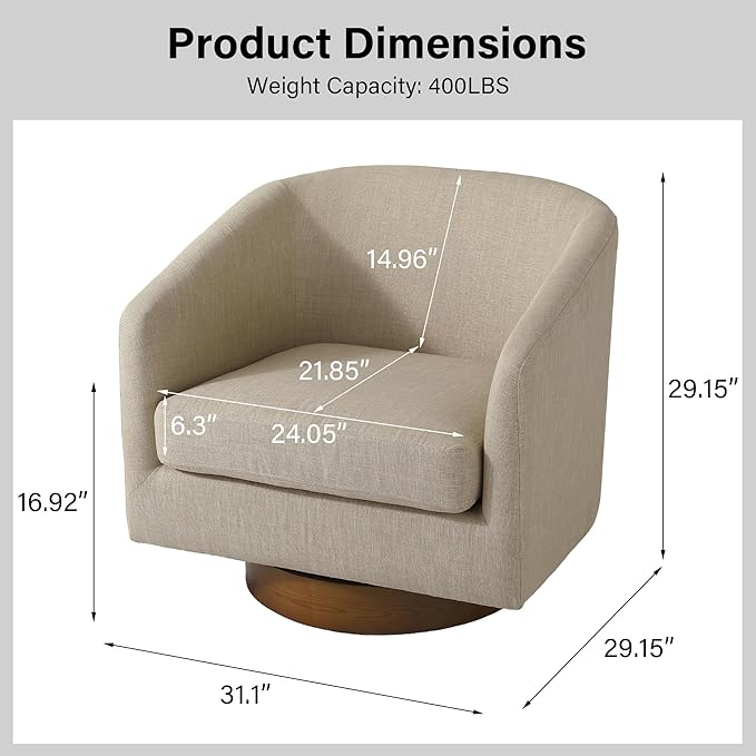 Swivel Barrel Chair, Modern Round PU Leather Accent Armchair for Living Room, Bedroom, Oversized Comfy Club Reading Chairs for Adults (Fabric Light Brown, Set of 1)