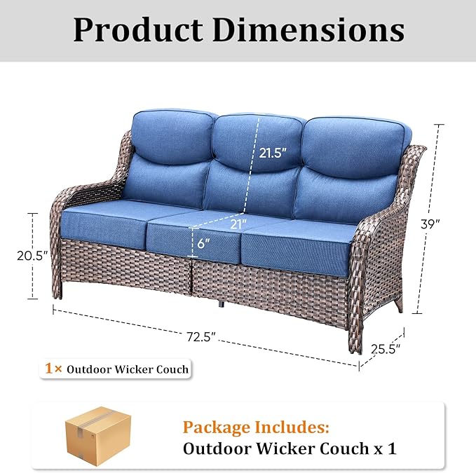 Pugire 71'' Patio Couch Outdoor Wicker Sofa, Heavy Duty All-Weather Rattan 3-Seater Sofa with Deep Seating and Removable Cover, Outdoor Patio Furniture for Deck Porch Sunroom Backyard Brown/Blue