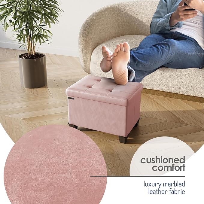 Storage Ottoman Cube with Small Bin, 16-in Square Ottoman with Storage for Living Room and Bedroom, Small Ottomans Foot Rest, Faux Leather Foot Stools Ottomans Max 330lbs, Pink