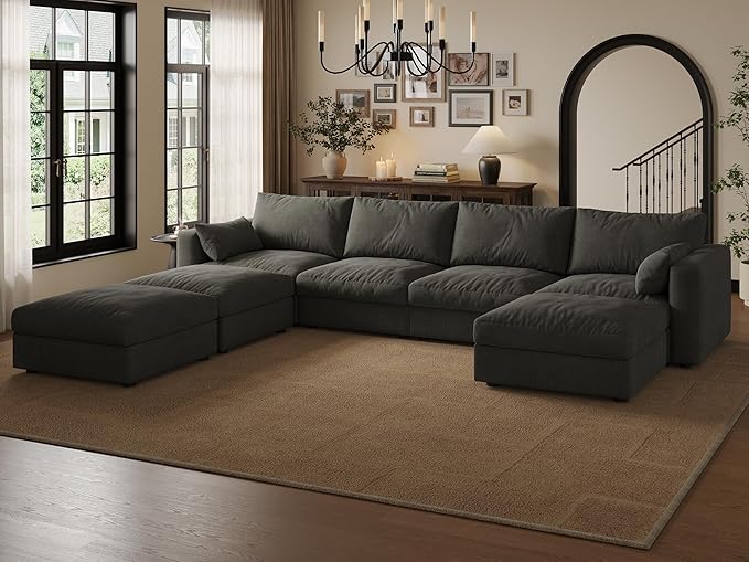 Cloud Modular Sectional Sofa Couch with Storage Ottoman, 128" Oversized Sectional Couches for Living Room, Cloud Modular U-Shaped Sofa with Chaise, 7 Seater, Chenille, Dark Gray