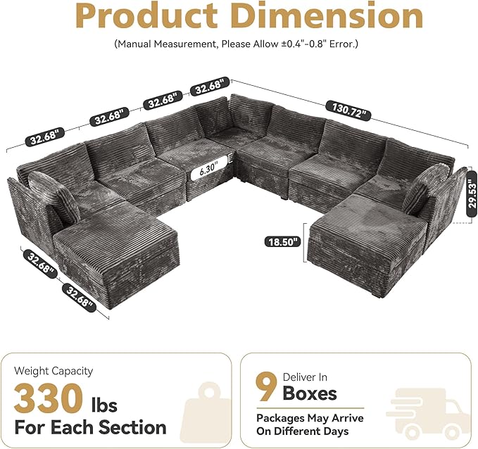 CAODOC Large 9 Seat Modular Sectional Sofa with Ottoman Seat Corduroy Sleeper Sectional Sofa Bed Oversized Convertible Modular Couch for Living Room