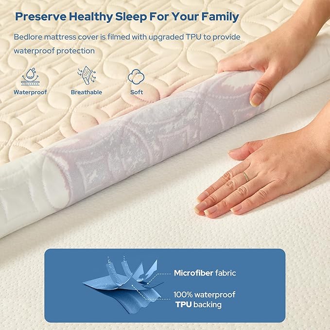 BEDLORE Waterproof Mattress Protector, Twin Size Mattress Pad with Deep Pocket 6"-15" Depth, Soft Breathable Single Bed Mattress Cover for Bedroom, Dorm Room (Beige)