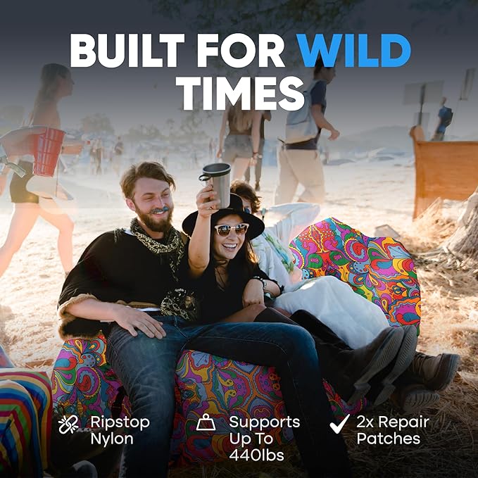 Chillbo Shwaggins Inflatable Couch – No-Pump Setup, Ripstop Polyester, Stability Pegs, Fun Prints, Portable Air Lounger for Beach, Camping, Festivals, and Tailgating - 60s Psychedelic