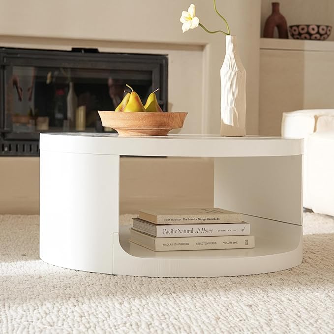 Veihaus Round Coffee Table with Storage, 31.5" Modern Living Room Table, 2 Tier Circle Wood Center Tables for Apartment, Living Room, Open-Style Storage White Coffee Tables, 31.5"*15.7" (White)