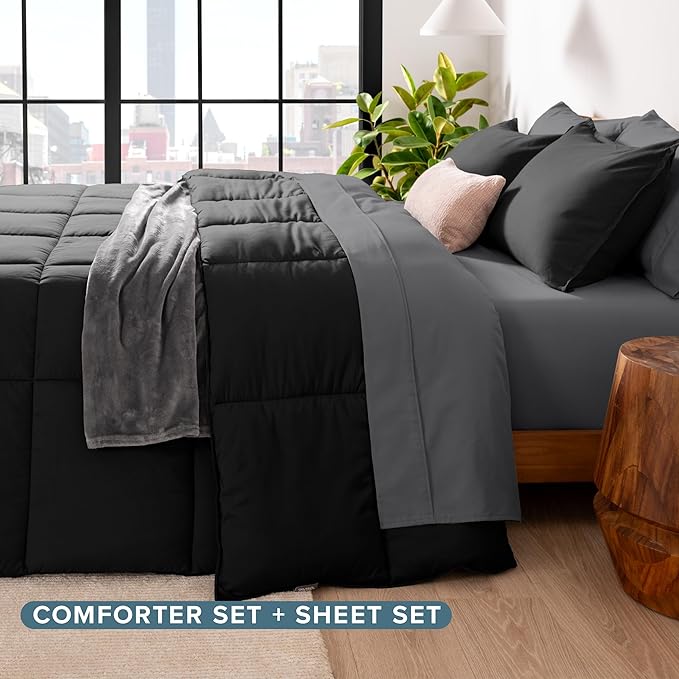 Bare Home Bed-in-A-Bag 5 Piece Comforter & Sheet Set - Twin - Goose Down Alternative - Ultra-Soft 1800 Premium Bed Set (Twin, Black/Grey)