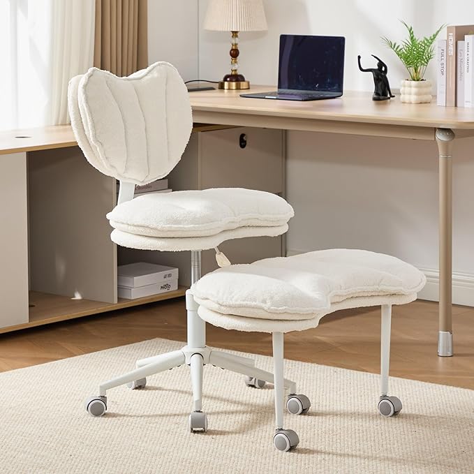 Meditation Chair with Lumbar Support,360° Swivel Cross Legged Chair with Wheels, Ergonomic Cross Legged Office Chair for Adults with ADHD, Height-Adjustable, Double Layer Design,Teddy Fabric, Ivory