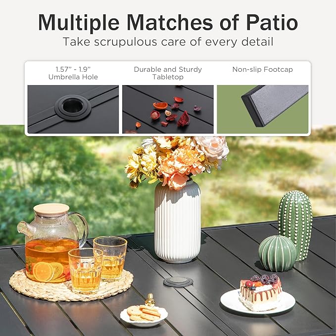 PHI VILLA Outdoor Dining Set for 6, All-Weather Patio Table and Chairs Set for 6 with Umbrella, Heavy Duty Rectangle Patio Table Set for Deck, 6 Large Outdoor Stationary Dining Chairs with Cushions