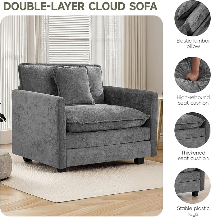 UMBFUN Cloud Couch Accent Chair, Oversized Comfy Modular Sofa with Deep Seat Cushions, Chenille Upholstered Lounge Chair for Living Room & Bedroom, Grey