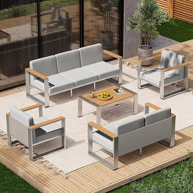 ComfCove Outdoor Patio Furniture Set, 7 Seats Outdoor Patio Conversation Sets with Ergonomic Seat and Wide Washable Thick Cushions, Modern Patio Sectional Furniture for Balcony, Porch（Teak-Gray