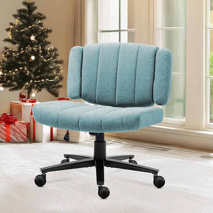 Vigosit Blue Criss Cross Office Chair with Wheels, Ergonomic Wide Seat Vanity & Dressing Table Chair, Adjustable Arms Swivel Rolling Desk Chair for Women, Comfortable Cross-Legged Support