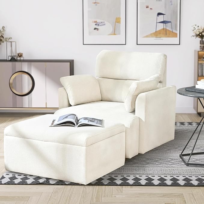 Snowflake Fleece Oversized Accent Chair with Storage Ottoman - 26.57" Wide Deep Seat Reading Chair, Convertible Daybed, 400lbs Capacity for Living Room & Apartment (Beige)