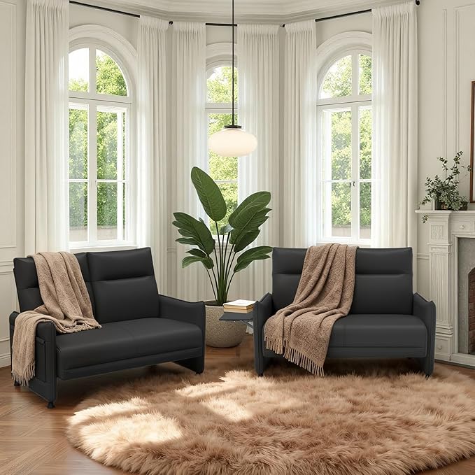 Faux Leather Loveseat, Upholstered Loveseat with Hidden Foldable Tray & Side Pocket, Front Contour Arm Design, Modern 2-Seater Sofa Couch for Compact Spaces, Black