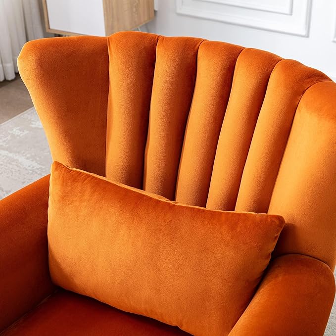chairus Mid-Century Modern Accent Chair, Comfy Single Sofa Chair Channel Back Armchair with Small Pillow for Living Roon Bedroom Club - Velvet, Orange