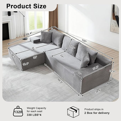 105" Cloud Modular Sectional Couch with L-Shape Chaise, Upholstered Corduroy Couches for Living Room, No Assembly Required Deep Seat Boneless Sofa