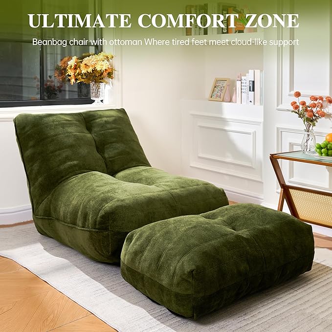 Cvortll Bean Bag Chair with Ottoman, Comfy Bean Bag Sofa with Memory Foam, Lazy BeanBag Sofa with Footstool, Fireside Bean Bag Couch for Living Room, Bedroom, Apartment (Green)