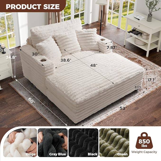 HUSFU 60'' Oversized Chaise Lounge Chair Indoor,Sleeper Cloud Chair,Chaise Lounge Sofa Bed with Cup Holder and Pillows,Plush Chairs Bed for Living Room Bedroom,Beige