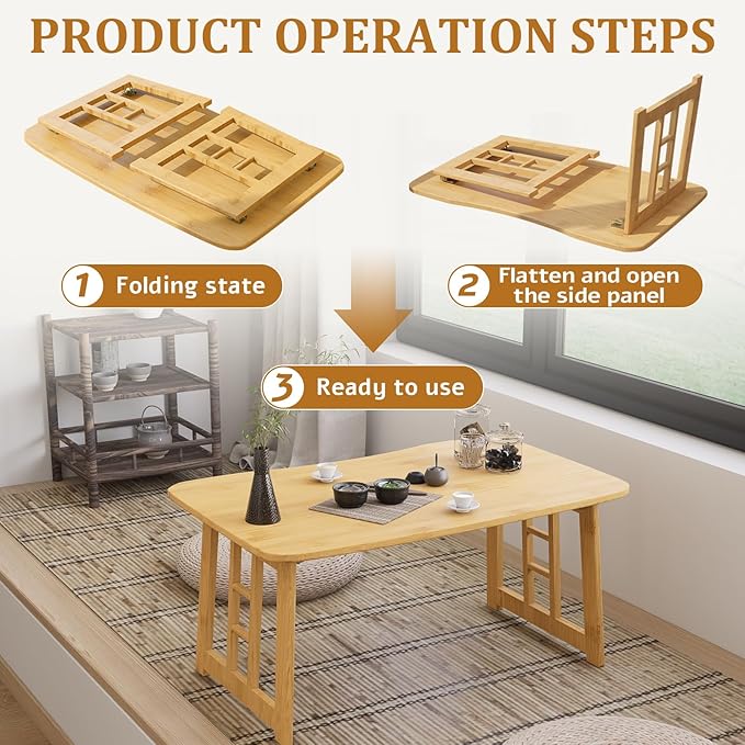 Folding Coffee Table, Foldable Japanese Floor Low Table Small Coffee Tables for Sitting On The Floor, No Assembly Portable Tea Table for Living Room Meditation Tea Room Tatami Zen Dining (Wood)